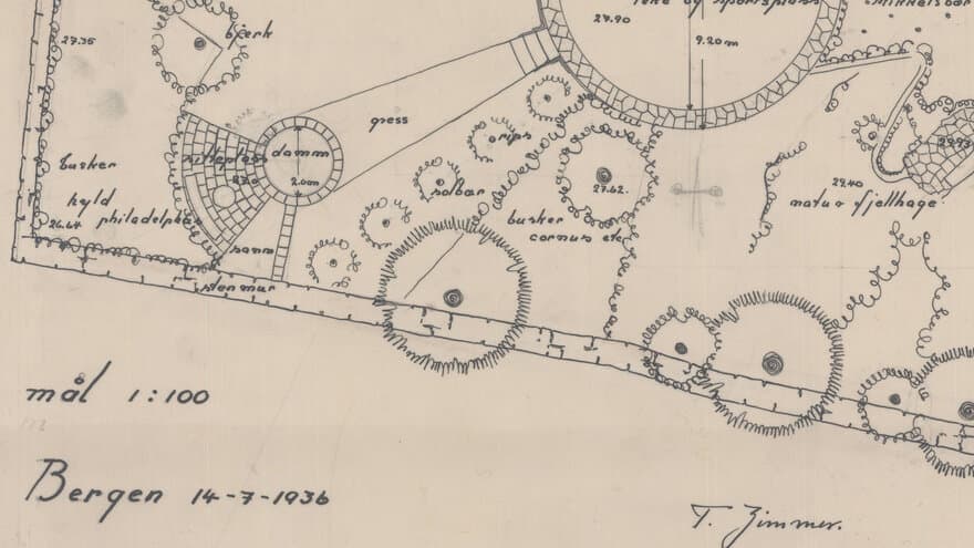Detalje fra hageplan tegnet av hagearkitekt Torborg Zimmer 1936. 