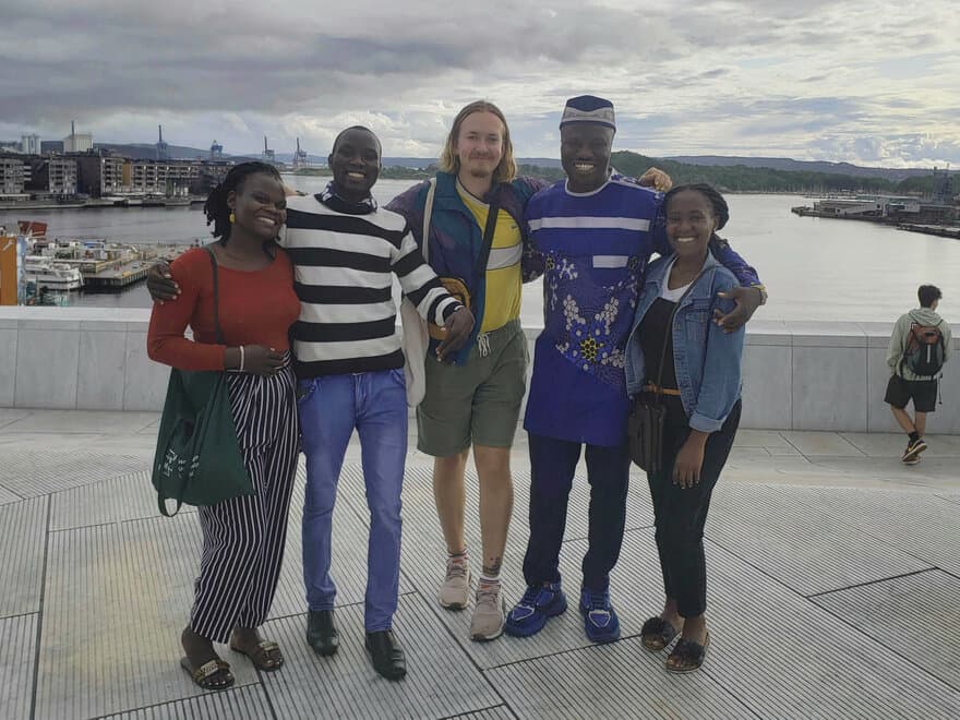 Denniz Asingwire (furthest right) and fellow NMBU Master students visit Oslo's Opera House.