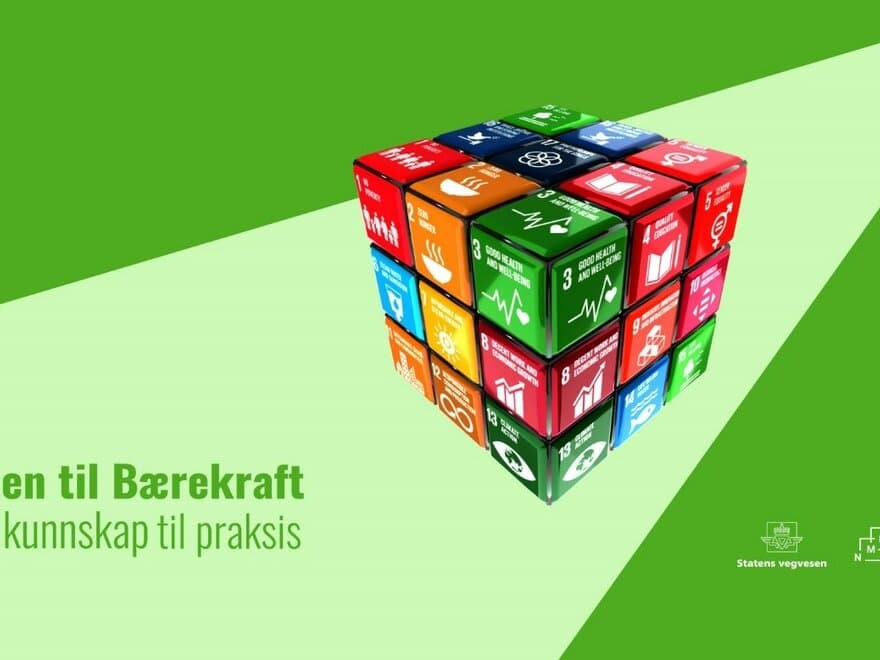 En rubiks kube med de ulike bærekraftsmålene, og logoen til Statens vegvesen og NMBU