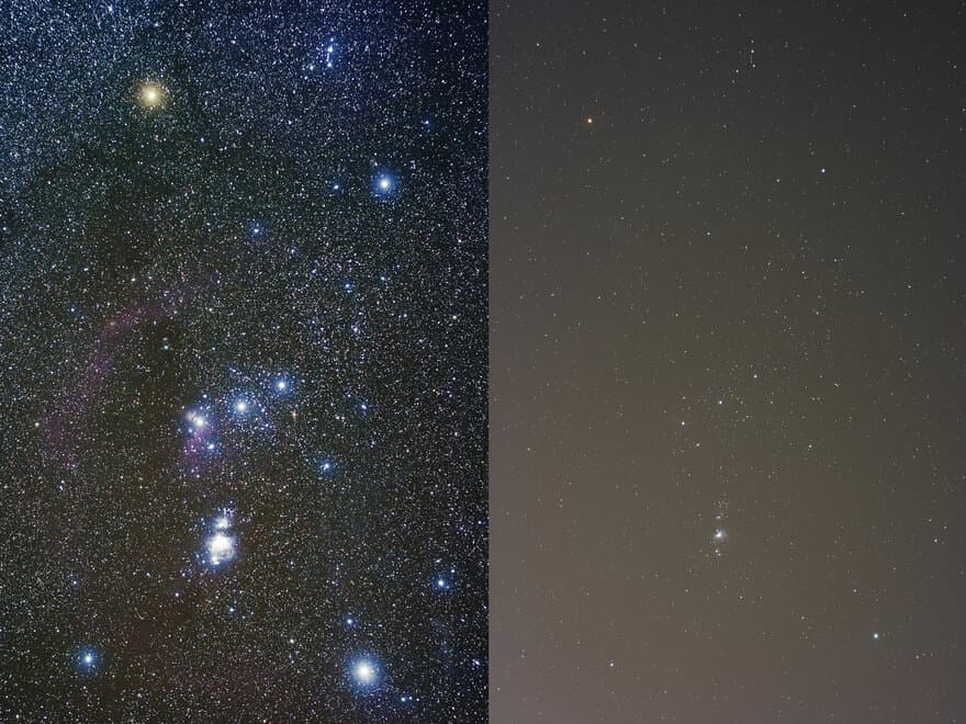 Stjernebildet Orion, slik det ser ut på et himmel med og uten lysforurensing.