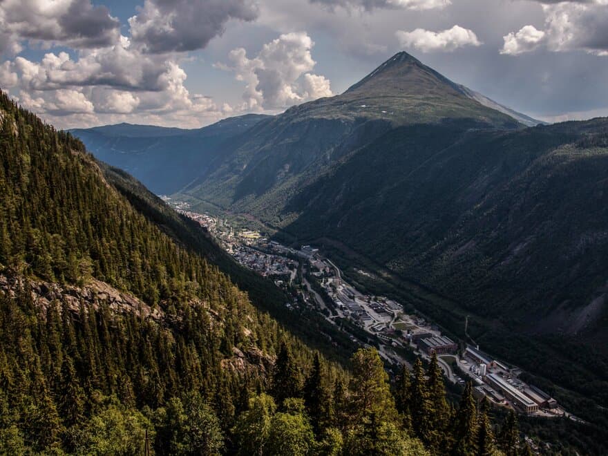 The Norwegian town of Rjukan overlooked by the Gaustadtoppen mountain.